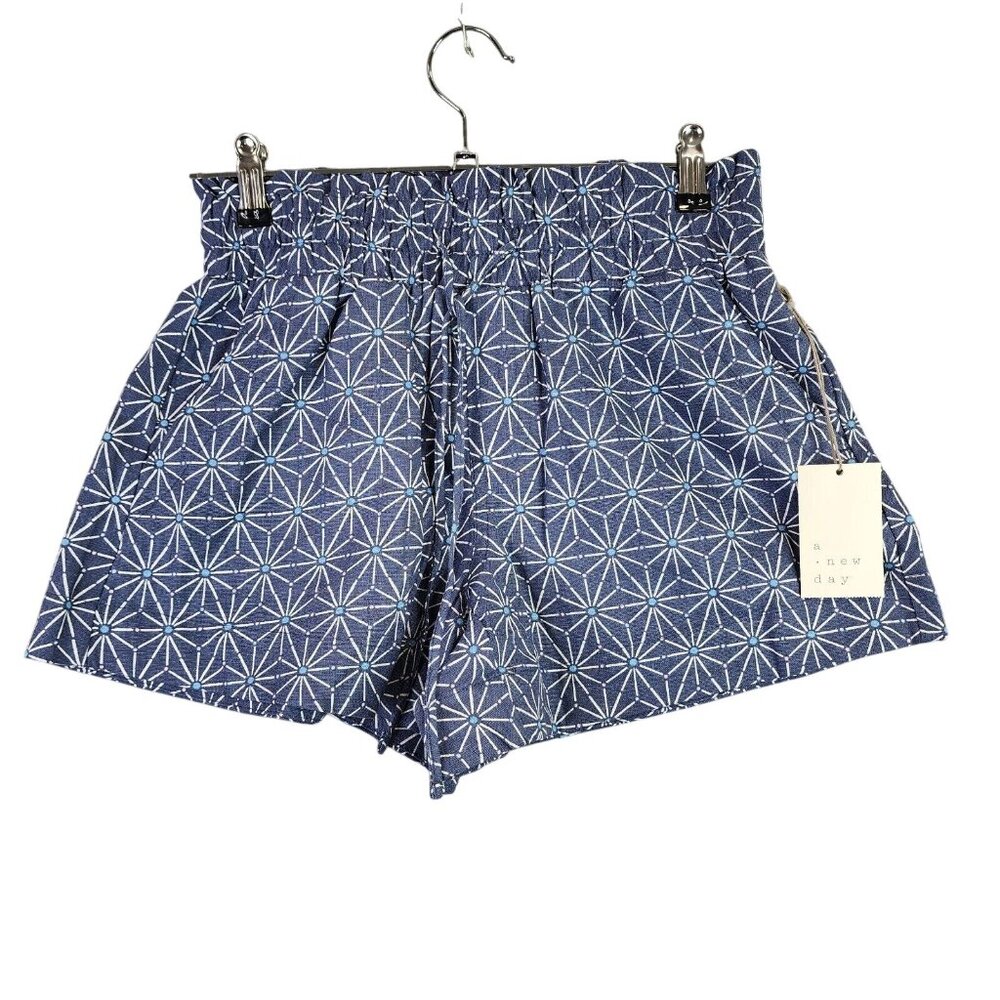 Womens A New Day Blue Patterned Pull On Linen Shorts High Waist 4" Inseam XS